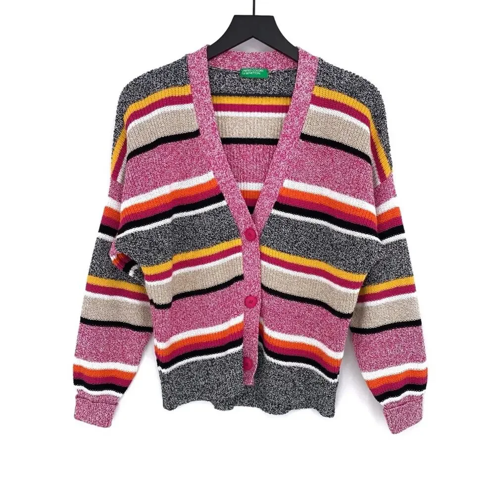 UNITED COLORS OF BENETTON Striped Chunky Knit Cardigan Pink Black XS/S